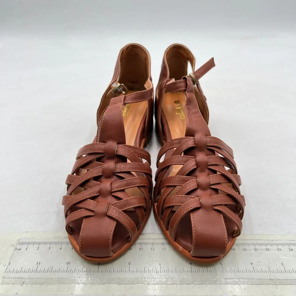 Wo Wagas Brown Round Toe Low Heels Cross Straps Ankle T-Strap Buckles Sandals
